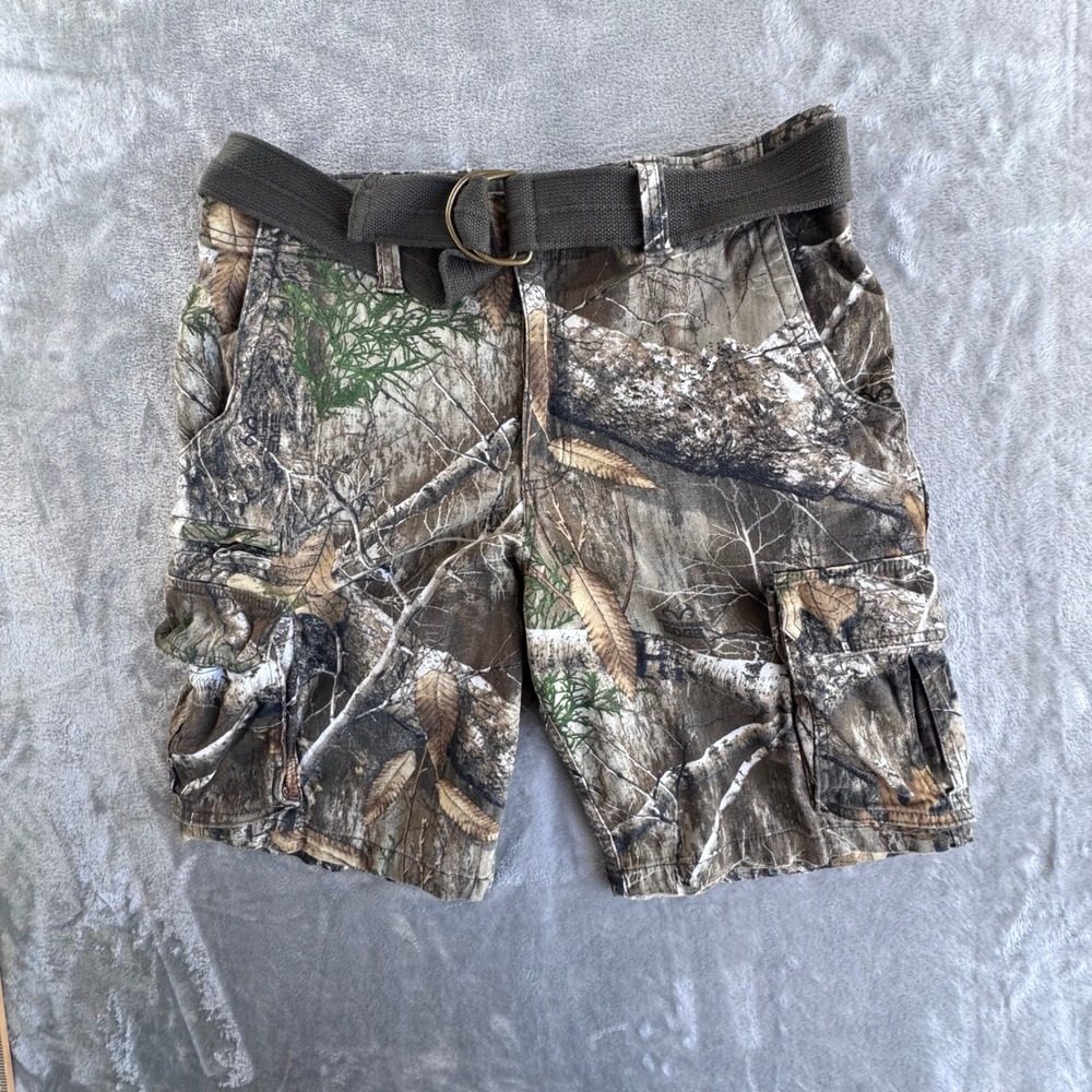 Realtree Edge Camo Cargo Shorts Mens 34 Brown Green Camouflage Belted Outdoor